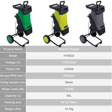 VNATWGOO Automatic 2400W Leaf Chipper Shredder, Electric Wood Mulcher, 4500RPM for 0-40mm Branch, with 50L Collection Bag Yellow