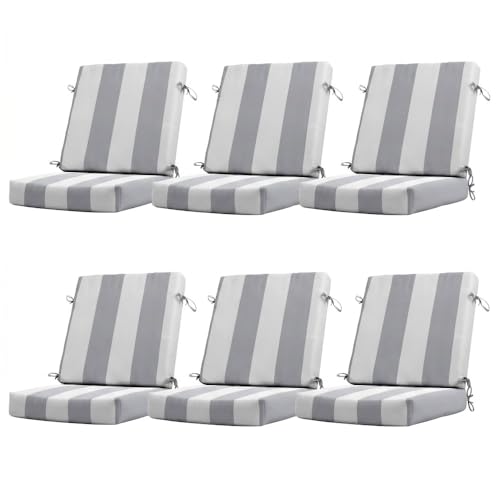 California Umbrella Outdoor Dining Chair, Set of 6 Patio Seat Cushions, 20 x 40 Inch, Premium Outdoor Memory Foam, Fade Resistant, Solstice Olefin Fabric, Fabric Ties, Grey/White