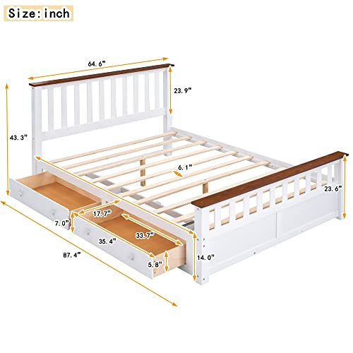 FAVSH Queen Size Wood Platform Bed with Drawers White/Walnut