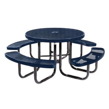 Coated Outdoor Furniture Heavy-Duty Portable Outdoor Picnic Table with Umbrella Hole, Expanded Metal Commercial-Grade Patio Dining Furniture Made in America (46" Round Top, Textured Dark Blue)