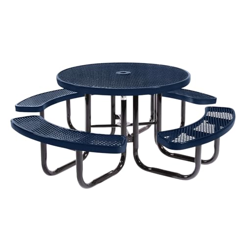 Coated Outdoor Furniture Heavy-Duty Portable Outdoor Picnic Table with Umbrella Hole, Expanded Metal Commercial-Grade Patio Dining Furniture Made in America (46" Round Top, Textured Dark Blue)