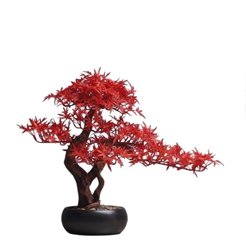 HCZKIUJ Bonsai Simulation Red Maple Leaf with Round Pot Arrangement Home Living Room Potted Plants Desktop Plant