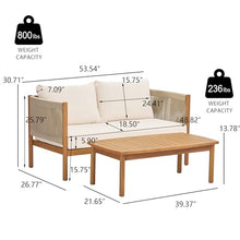 Merax Outdoor Loveseat & Coffee Table Set with Acacia Wood Frame in Teak Look, Beige Rope Panels & Cream Water-Repellent Cushions for Patio & Garden