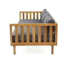 Christopher Knight Home Claremont Outdoor 3 Seater Acacia Wood Daybed with Fabric Water Resistant and Removable Cushions, Patio Garden Sofa with Slat Paneling Armrest and Back, Teak and Dark Grey