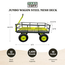 Yard Tuff Jumbo Wagon Heavy Duty Steel Mesh Deck Utility Outdoor Yard Cart, 1400 Capacity Haul with Large Stable Tires, 34 x 52 Inch, Gray/Green