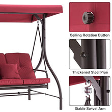 MCombo 3-Seat Outdoor Patio Swing Chair, 2-in-1 Convertible Porch Swing Glider Chair with Removable Cushions, Adjustable Canopy & Pillows for Backyard, Deck, Garden, 4068 (Burgundy)