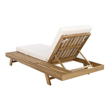 Outdoor Lounge Chair Set, Acacia Wood Tanning Bed with Water-Resistant Reclining Chair Cushions, Space Available on One Side for Poolside Balcony Backyard Patio, 4" Thick, Cream（Triple Folding）