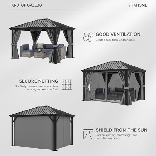 YITAHOME 10X12FT Metal Hardtop Gazebo Outdoor Patio Canopy Gray