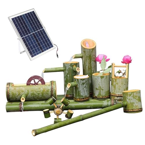 GenSDH Natural Bamboo Fountain Kit, Solar Powered Feng Shui Zen Water Feature with Rotating Wheel, Circulating Water Ornament, for Patio Pond Bird Bath Garden Balcony, 27.6In,21.7in(55cm)