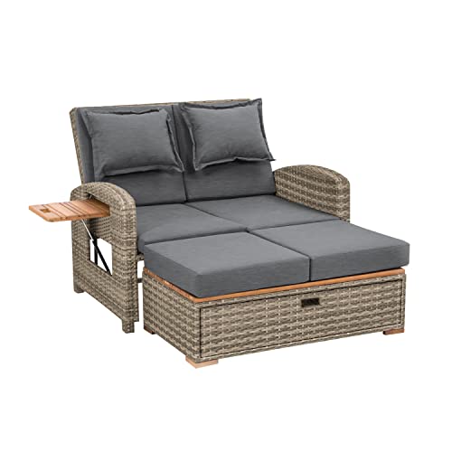 Greemotion Bahia Tobago Patio Poly Rattan Daybed, Steel Frame Loveseat Sofa Storage Ottoman Bench with Teak Retractable Side Tray, 5-Way Adjustable Cushioned Backrest, Brown and Dark Gray