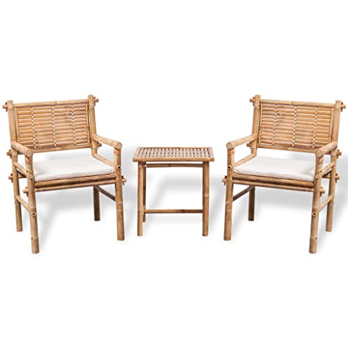 LKJephalotrope 3 Piece Bamboo Bistro Set with White Cushions - Durable Outdoor and Indoor Furniture Set for Patio Garden Balcony and Living Room - 1 Table and 2 Chairs