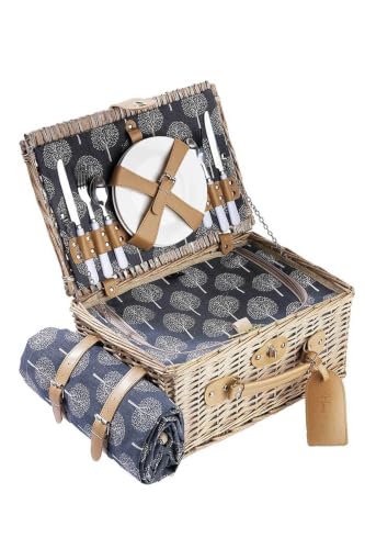 2-Person Handwoven Wicker Picnic Basket Set with Insulated Compartment, Includes Plates, Glasses, Cutlery, Napkins, and Water-Resistant Blanket - Straw Design - Kahve rengi ve Gri