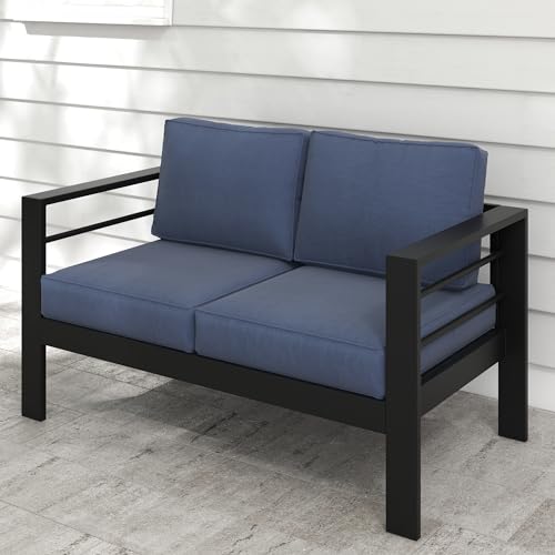 FansaFurn Outdoor Patio Furniture Loveseat Sofa, All-Weather Metal Aluminum Patio Couch with 5" Thick and Soft Cushion and Wide Arm, Outdoor Couch for Balcony, Porch, Backyard