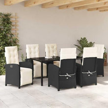 Modern 7-Piece Black Poly Rattan Garden Dining Set with Cushions, Outdoor Patio Furniture Set with Tempered Glass Table for 6, All-Weather Wicker Dining Table and Chairs for Backyard, Deck, Poolside