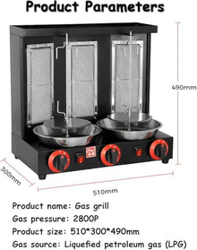 Commercial Meat Rotisserie,Electric Vertical Kebab Grill,Countertop Gas Grill Machine,Automatic Rotating Skewers Machine,Indoor Kebab Machine,Black-TripleKnob