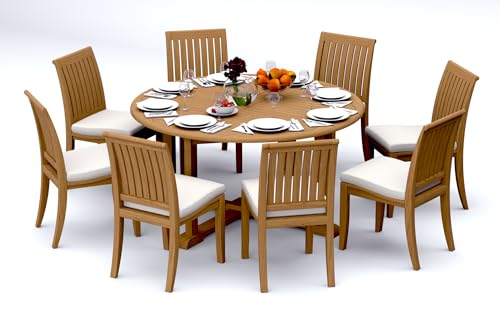 WholesaleTeak 8 Seats 9 Pcs Grade-A Teak Wood Dining Set: 60" Round Table and 8 Lagos Armless Chairs #11LG1200