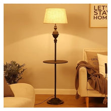 GTEFSWS Vintage Floor Lamp with Shelf and Fabric Drum Shade Matte Black