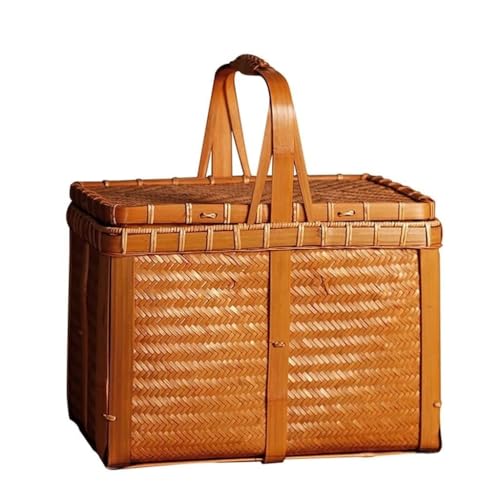 Handmade Bamboo Picnic Basket for 2-4 People, Retro Design with Lid & Handle, Portable Outdoor Basket for Camping, Beach, and Picnic