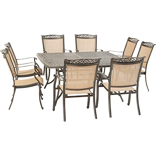 Hanover Fontana 9-Piece Outdoor Patio Dining Set with 60'' Cast-Top Table and 8 Sling Swivel Rocker Chairs Tan
