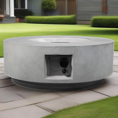 Propane Fire Pit Table Round Concrete Outdoor Gas Fireplace with 50000 BTU Burner, Electronic Ignition, Lava Rocks, Rain Cover, CSA Certified Patio Heater for Deck Garden Backyard Porch