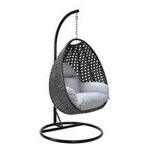 LeisureMod Charcoal Wicker Rattan Hanging Egg Swing Chair for Indoor Outdoor Bedroom Patio with Stand and Cushion (Light Grey)