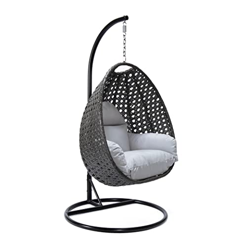 LeisureMod Charcoal Wicker Rattan Hanging Egg Swing Chair for Indoor Outdoor Bedroom Patio with Stand and Cushion (Light Grey)
