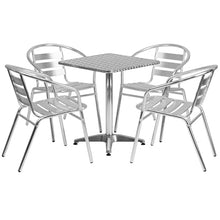 BOWERY HILL 5 Piece Stainless Steel Square Patio Bistro Set, Aluminum Silver Finish, Lightweight Durable Furniture, Indoor/Outdoor Use, Includes Table and 4 Stackable Chairs for Home or Commercial