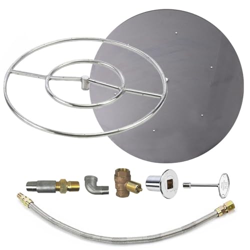Spotix HPC Round Match Lit Fire Pit Burner Kit with 24-Inch Stainless Steel Burner and 30-Inch Flat Pan, Propane, Polished Chrome, with Flange, Key, Valve, Flex Line and Fittings