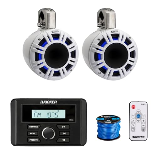 KICKER Marine Gauge USB Bluetooth AM/FM Stereo Receiver with 2X 8" LED Tower Speakers White
