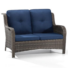 MeetLeisure Outdoor Patio Wicker Loveseat Sofa - 2-Seater Rattan Sofa for Outside Patio Garden with Deep Seating and Olefin Cushions(Mixed Grey/Blue)