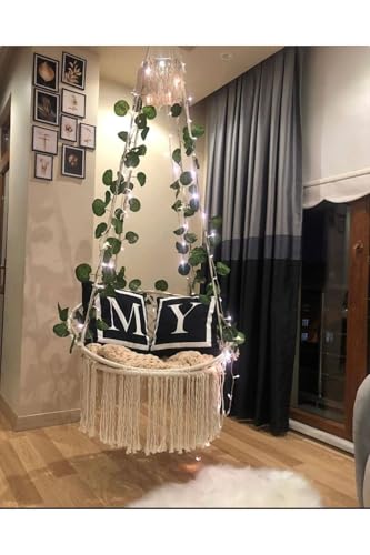 Macrame Hammock Swing Chair for Adults &, Handmade Cotton Rope, 23.6 x 31.5 in Seat, 180-78.7 in Rope Length, 220.5 lb Capacity, Ecru Color, Scandinavian Style, Indoor/Outdoor Use, Includes Mounting