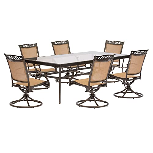 Hanover Fontana 7-Piece Outdoor Dining Set with Sling Swivel Rockers and Glass-top Table Brown