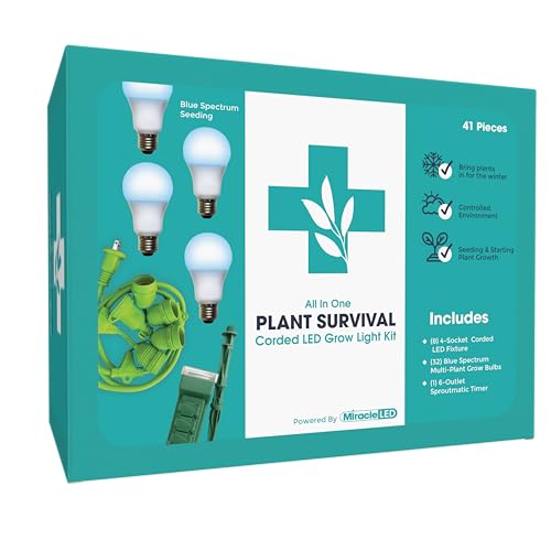 Miracle LED Plant Survival Indoor Grow Light Kit - 4 Multi-Plant Blue Spectrum Bulbs & 4-Socket Fixture with Timer Blue Spectrum