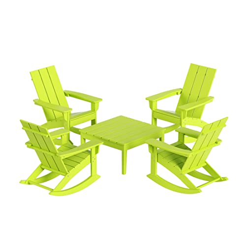 WO Home Furniture Patio Rocking Chair Modern 5 PCS HDPE Outdoor Rocking Furniture Set, Lime