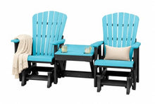 DutchCrafters Slat Fan Back Double Poly Adirondack Glider Outdoor Patio Chairs with Center Table (Black & Aruba Blue)