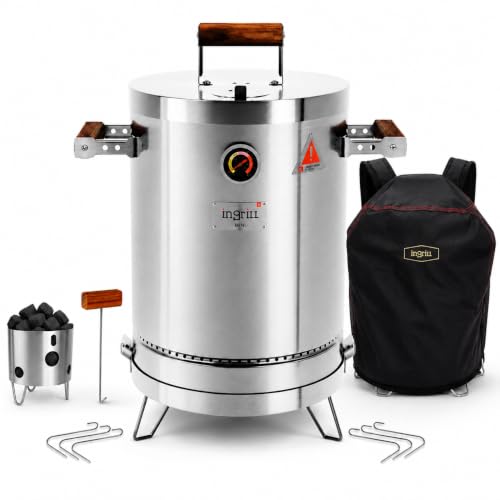 InGrill Basik Mini Stainless Steel Charcoal Smoker Grill Set, Vertical Barrel BBQ Cooker, 3-in-1 Smoke Grill Bake, Includes Canvas Cover (Mini) and accessories