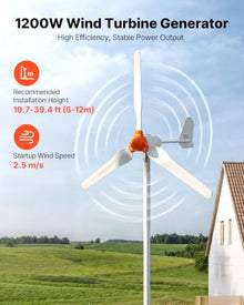 VEVOR 1200W 24V Wind Turbine Generator, 3-Blade Wind Turbine Kit with Wind/Solar Hybrid Controller, Efficient 3-Phase AC Permanent Wind Power Generator for RV Boat Home Farm (Tower Pole Not Included)