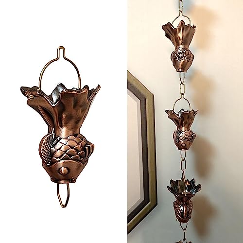 GVBNOTT Rain Chain Replacement Gutter Downspouts, Outdoor Eaves Drainage Rainwater Diverter Chain, Copper Plating Fish Shape Rain Collector Cups，240cm/8ft