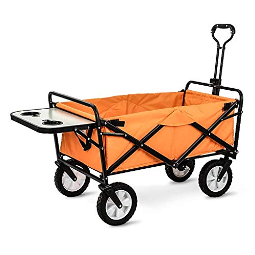 Folding Garden Trolley Cart Heavy Duty Wagon for Outdoor Camping Picnic Fishing Multi-Function Sping Cart with Table Board Load:80kg (Orange)
