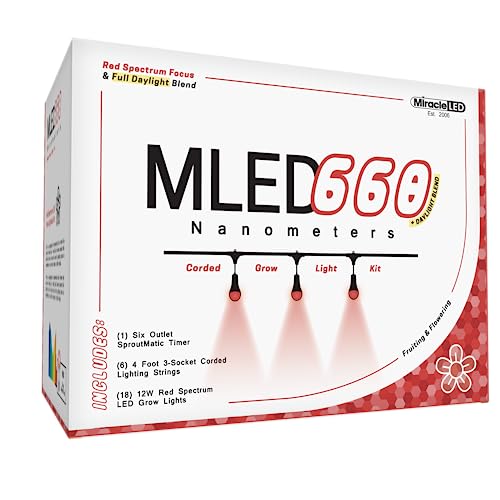 Miracle LED Nanometer 660 Indoor Grow Light Kit - Includes 3 Ultra Grow Red Spectrum 150W Replacement Grow Light Bulbs & 1 3-Socket Corded Fixture with SproutMatic Timer (6-Pack)