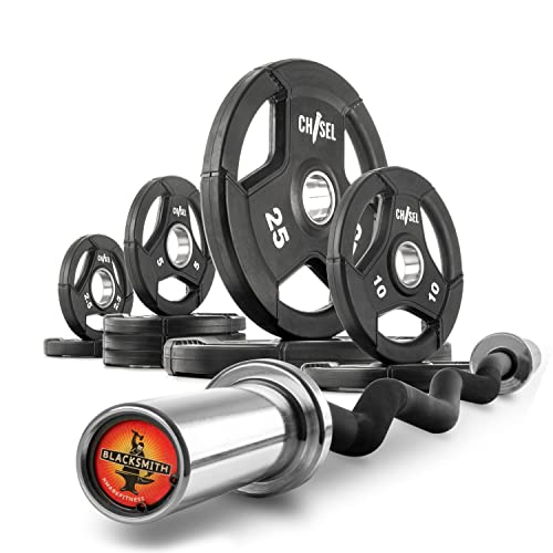 XMark CHISEL 95 lb Olympic Weights Set and BLACKSMITH-CURL Olympic EZ Curl Bar