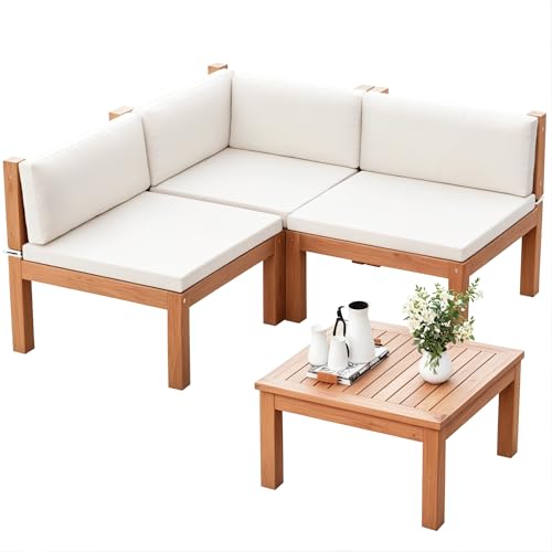 Devoko 4 Pcs Acacia Wood Small Patio Sectional Coach Sofa 54'' L x 54''W