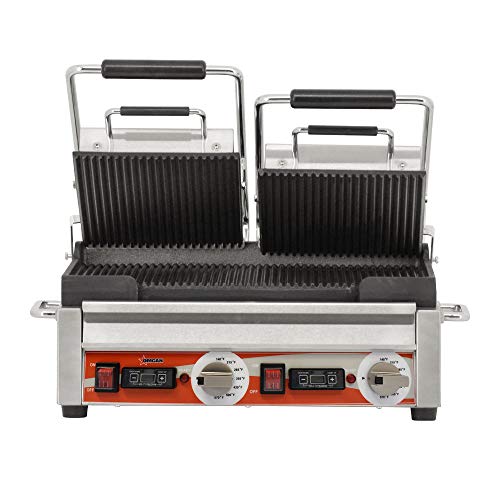 10″ X 18″ DOUBLE PANINI GRILL WITH TOP AND BOTTOM GROOVED GRILL SURFACE WITH TIMER