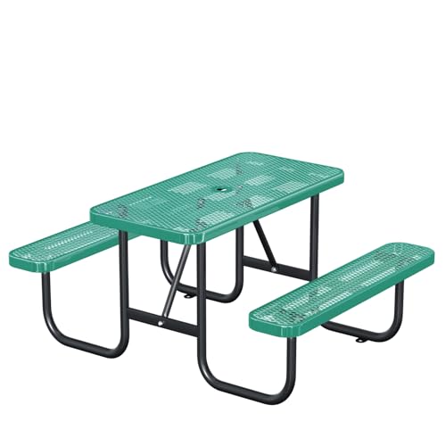 Heavy Duty Picnic Table with Umbrella Hole, Expanded Meta Outdoor Metal Patio Dining Table & Outdoor Bench Set, Steel Mesh Dining Furniture for Garden, Lawn, Patio (4FT Rectangular Table/ Green)