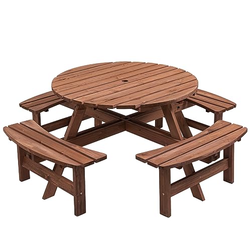 Thanaddo 8-Person Outdoor Circular Wooden Picnic Table, Camping Dining Table w/ 4 Built-in Benches, Outside Table Set with Umbrella Hole, 2220lb Capacity for Garden Patio Backyard - Brown