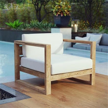 Pemberly Row Solid Teak Wood Outdoor Patio Armchair, Natural and White Finish, 29.5" H x 33.5" W x 34.5" D, Water-Resistant Cushions, Machine Washable Covers, Durable Outdoor Seating for Patio or