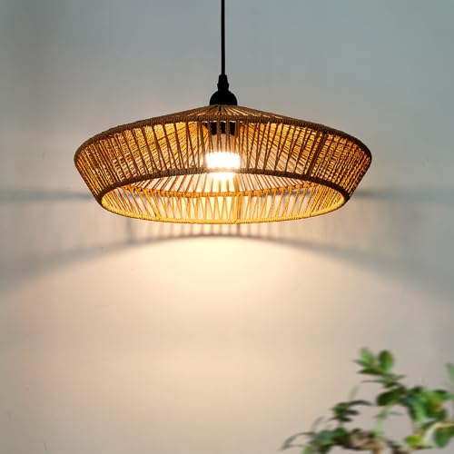 zhongheng Boho Hemp Rope Pendant Light, Hand Woven Hanging Lamp for Kitchen Island,Hand Woven Rattan Shade with Adjustable Cord Creates Warm Lighting for Kitchen Islands Dining Rooms & Entryways