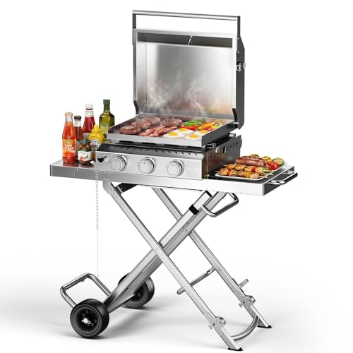 Heavy-Duty 3-Burner Propane Gas Griddle, Portable Griddle with Collapsible Stand, Full Stainless Steel Construction, 24,000 BTU Flat Top Gas Grill Griddle for Camping, Tailgating, Backyard & Patio
