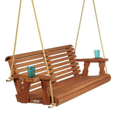 Amish Casual Heavy Duty 700 Lb Capacity Porch Swing with Cup Holders (4 Foot, Cedar Stain) – Wooden Outdoor Roll Back Swing with Hanging Ropes – Amish Made in the USA