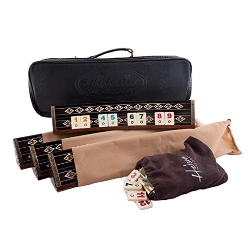 Helena Wood Art Wooden Mosaic Inlaid Oval Rummy Game Set Black